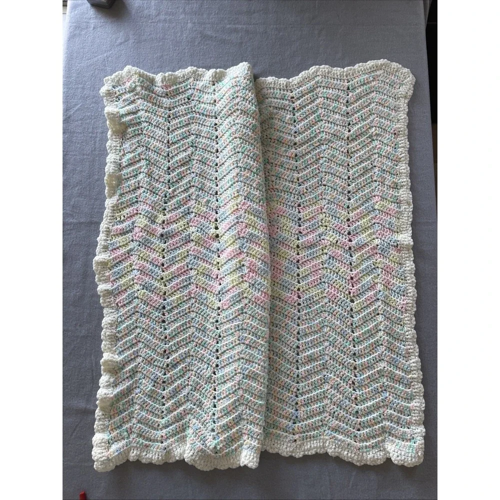 Vintage Handmade Baby Blanket Pink‎ Blue White Green Yellow Crochet 36x36
